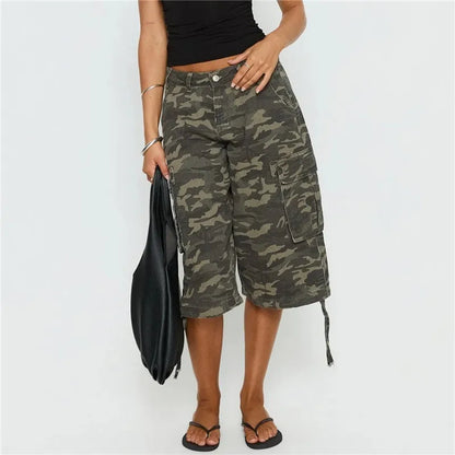 Women Camouflage Cargo Capri Pants Low Waist Multi Pocket Drawstring Hem Denim Bermuda Shorts Y2K Vintage Streetwear