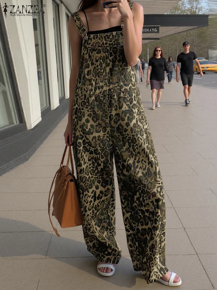 2025 ZANZEA Women Long Jumpsuits Leopard Print Summer Overalls Casual Pockets Fashion Wide Leg Pants Loose Streetwear Rompers
