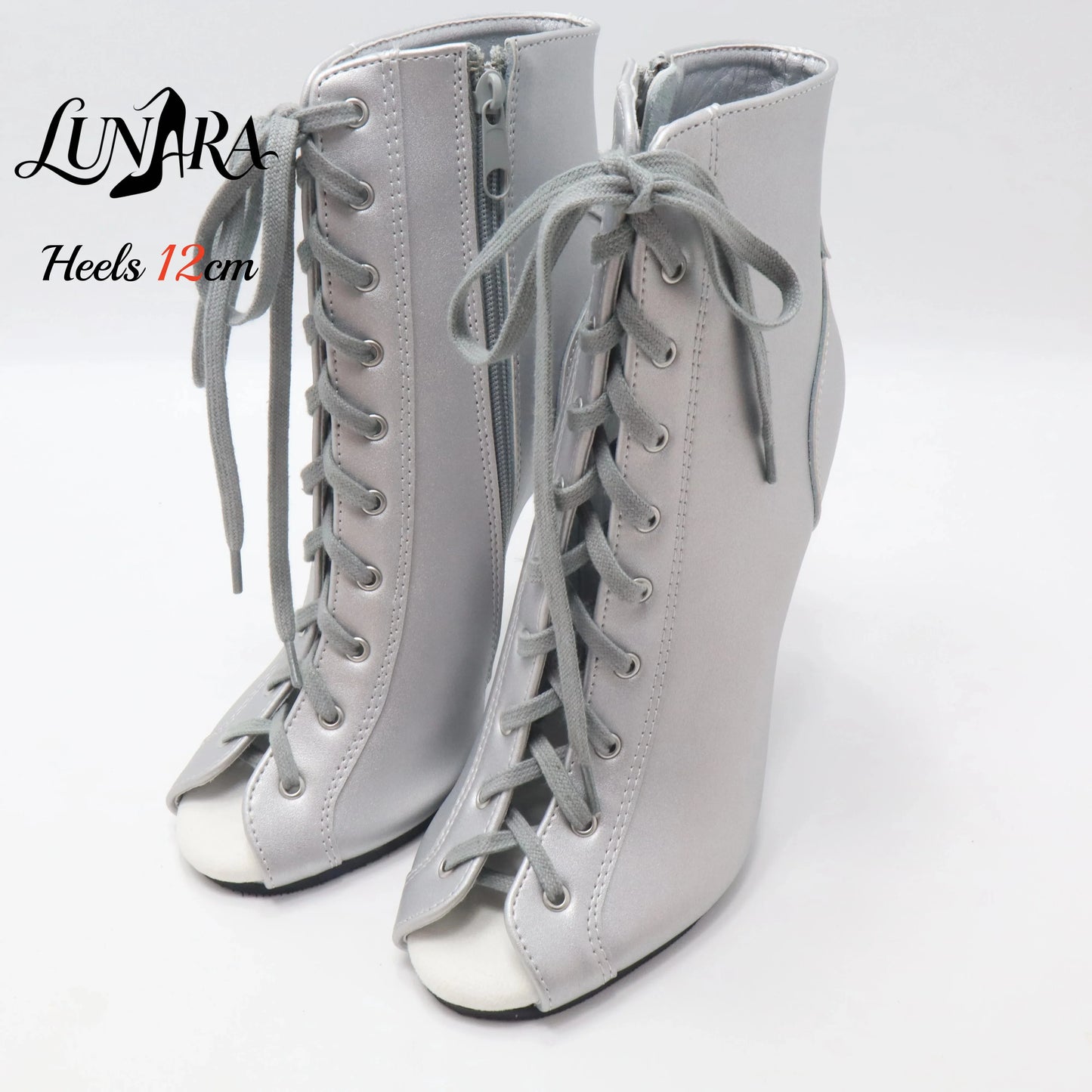 12cm/5Inch Plus size Beige PU Leather Lace-up Side zipper Peep toe High Stilettos Ankle boot Pole dancing Nightclub Rave Parties