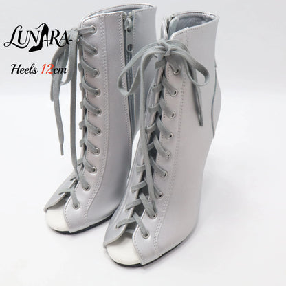 12cm/5Inch Plus size Beige PU Leather Lace-up Side zipper Peep toe High Stilettos Ankle boot Pole dancing Nightclub Rave Parties