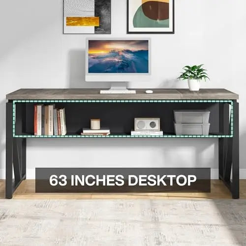 63 inches Computer Desk with Bottom Storage Shelf Home Office Desk Writing Table for Workstation,Dark Walnut + Steel