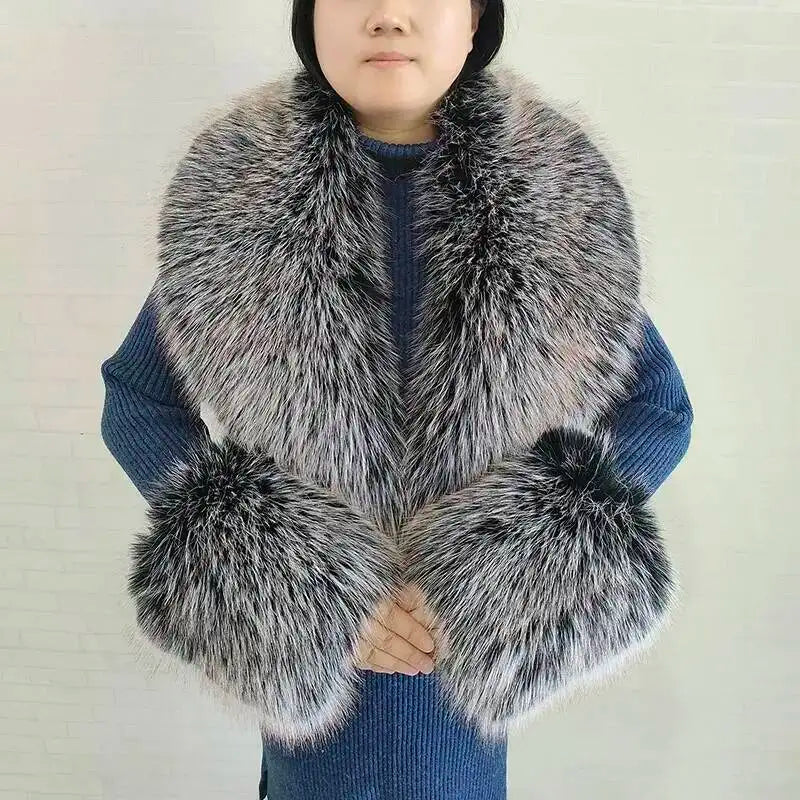 Large Women Faux Fox Fur Scarf Winter Jackets Warm Fluffy Shawl Fashion Artificial Fur Collar And Cuff Set Fluffy Scarves Female