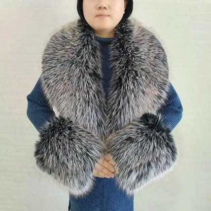 Large Women Faux Fox Fur Scarf Winter Jackets Warm Fluffy Shawl Fashion Artificial Fur Collar And Cuff Set Fluffy Scarves Female