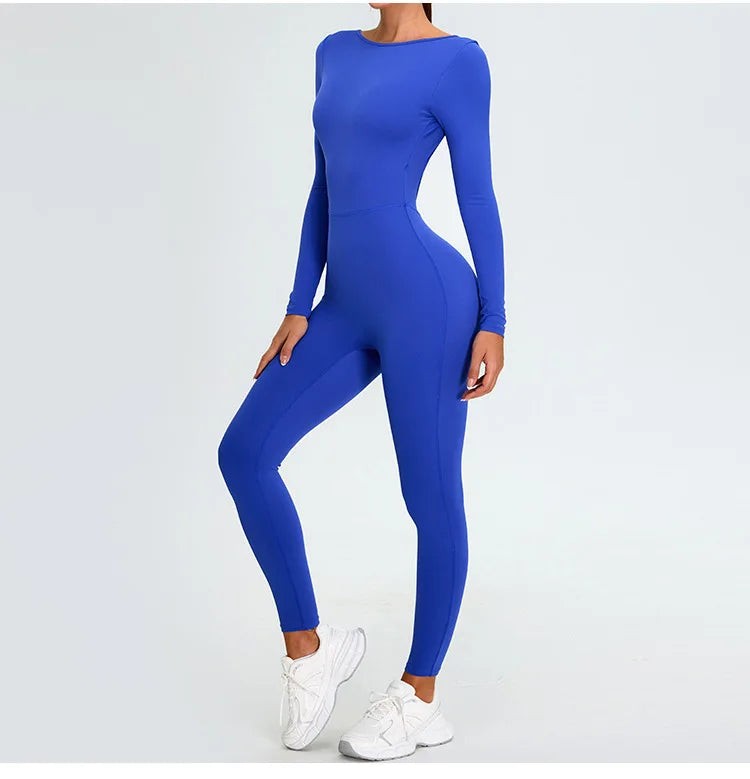 New Summer Sexy V Back Gym Sports Jumpsuit Yoga Clothes Rompers Women Long Sleeveles Workout Bodysuits Backless One-piece Suit