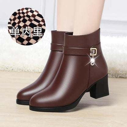 High-Heeled Leather Shoes Spring Single Shoes Thick Heel Thick Sole Slip-On Women's Shoes Square Toe Middle-Aged Mother's Shoes