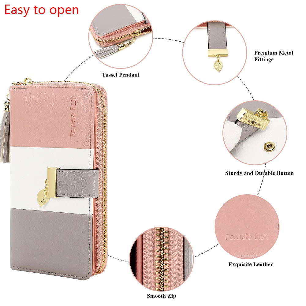 Pomelo Best Tri-color Women's Wallet Zipper Long Billfold PU Leather Large 9 Card Slots Coin Purse RFID Blocking Tassel Pendant