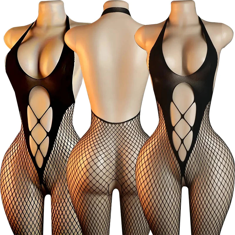 One Piece Pants Sexy Crotchless Bodysuits For Women Erotic Outfits Mesh Hollow Jumpsuits High Waist Elastic Bodystocking Rompers