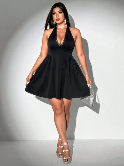 Plus Size Spring/Summer New Arrival Dress V-neck Sensual Lace-trimmed Sleeveless Puff-skirt Evening Gown Solid Colour