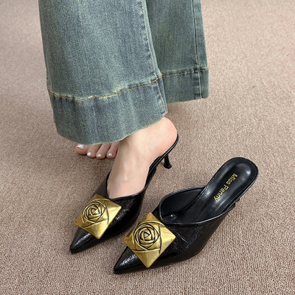 Women High Heels Slippers Summer New Luxury Fashion Gold Flower Decoration Modren Sandals Ladies Pointed Toe Mules Shoes Slides