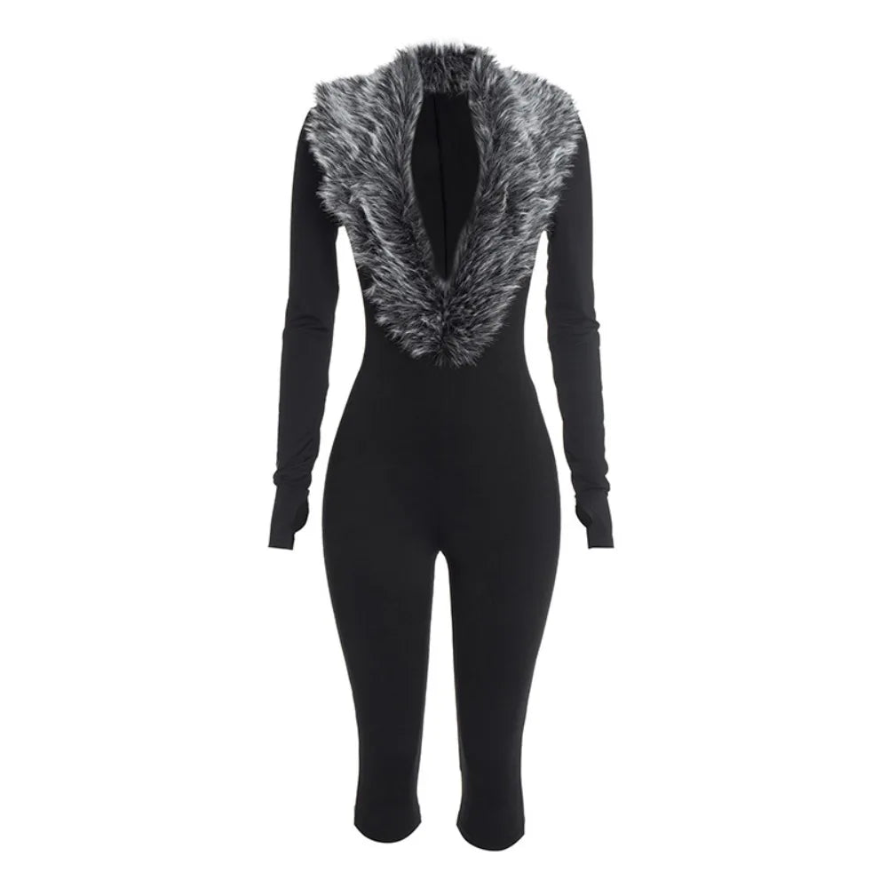 FLARORA Sexy Faux Fur Patchwork Capri Jumpsuits Woman Deep V Neck Full Sleeve Skinny Peach Hip Midnight Party Clubwear Overalls