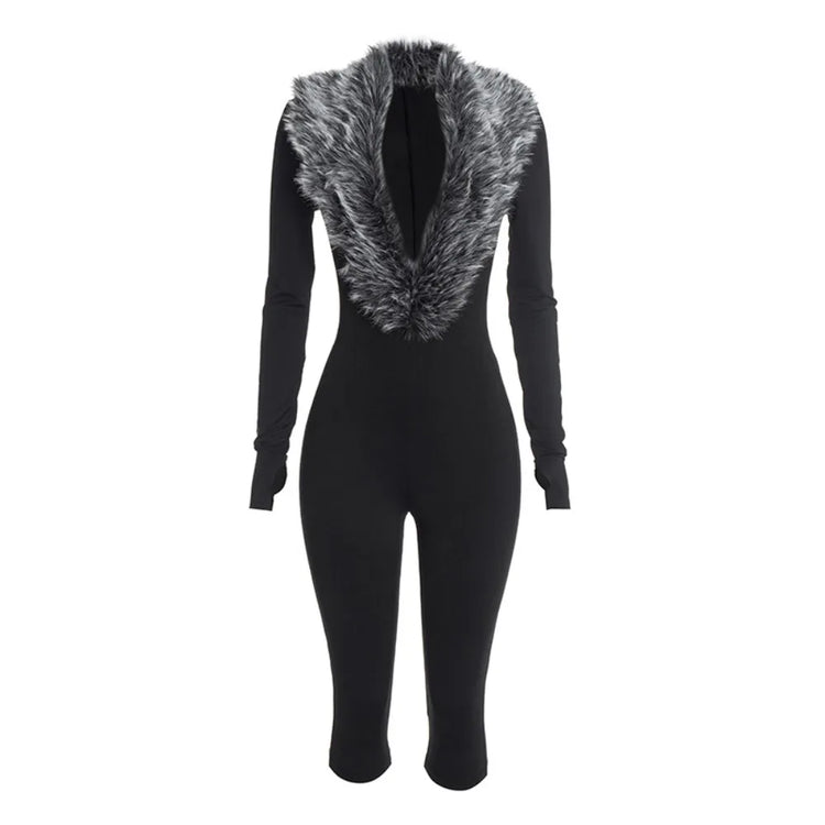 FLARORA Sexy Faux Fur Patchwork Capri Jumpsuits Woman Deep V Neck Full Sleeve Skinny Peach Hip Midnight Party Clubwear Overalls