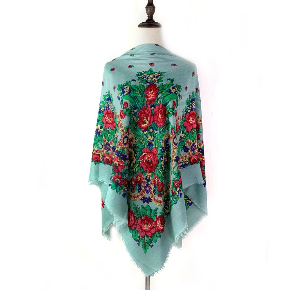 130*130cm Breathable Thin Russian Square Scarf Women Luxury Floral Print Ethnic Retro Bandana Shawl Foulard Femme Beach Stole
