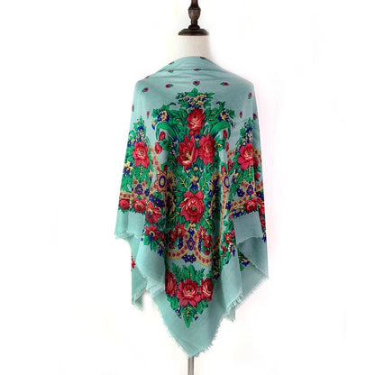130*130cm Breathable Thin Russian Square Scarf Women Luxury Floral Print Ethnic Retro Bandana Shawl Foulard Femme Beach Stole