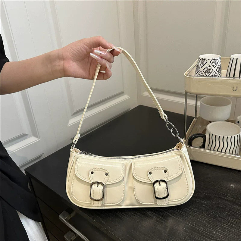 Fashion Pu Leather Women's Shoulder Bag Small Double Pocket Design Ladies Underarm Bags Y2k Vintage Female Handbags Clutch Purse