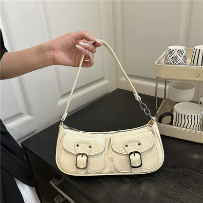 Fashion Pu Leather Women's Shoulder Bag Small Double Pocket Design Ladies Underarm Bags Y2k Vintage Female Handbags Clutch Purse