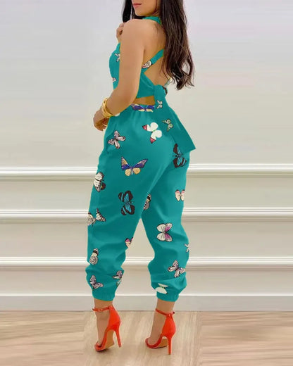 Elegant Women's jumpsuit 2024 Summer Fashion Strap Hollow Sexy Off waist Printed jumpsuit