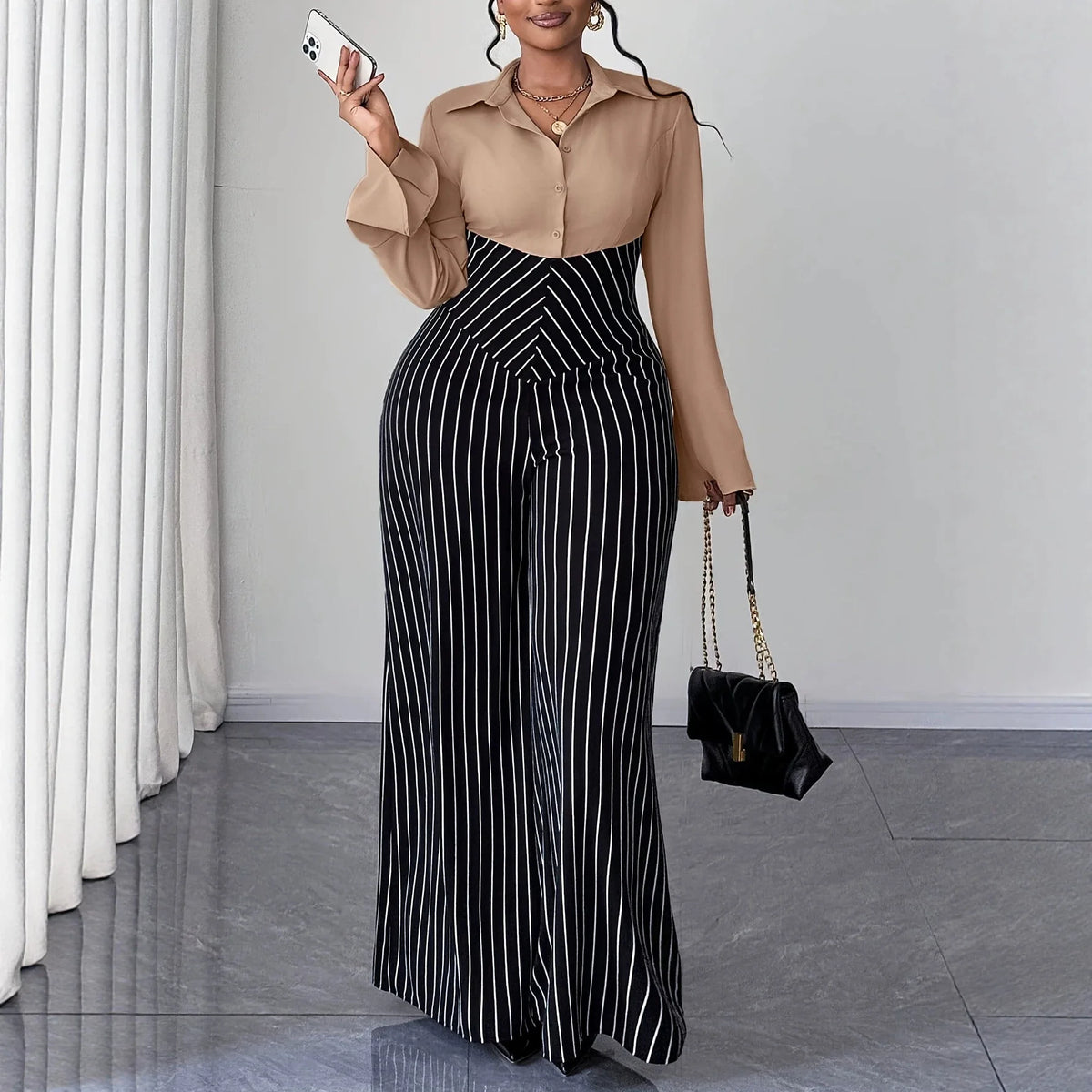 XL-4XL Plus Size Women Clothes Jumpsuit Clothes Long Sleeve Urban Leisure Bodysuit New Wide Leg Jumpsuit Wholesale Dropshipping