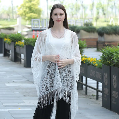 New Leakage Cardigan Shawl Lace Tassel Women's Fashion Versatile High-End Solid Color Hollow Tourism Vacation Beach Cape Sunscre