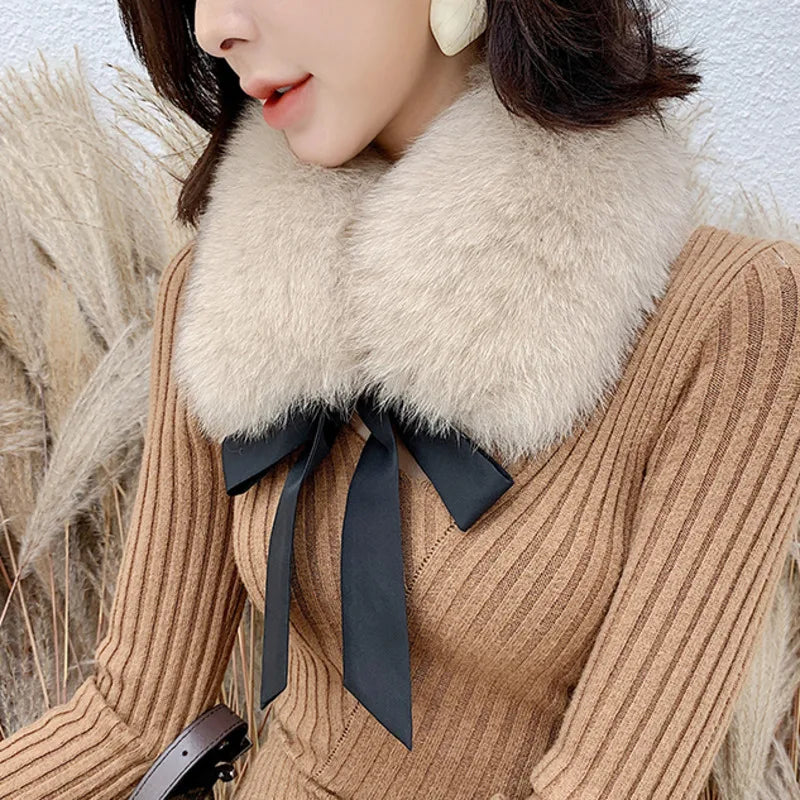 Winter Warm Fox Fur Collar Female Real Fur Collar Fashion Fluffy Clothing Accessories Collar Women Luxury Fur Scarf With Ribbons