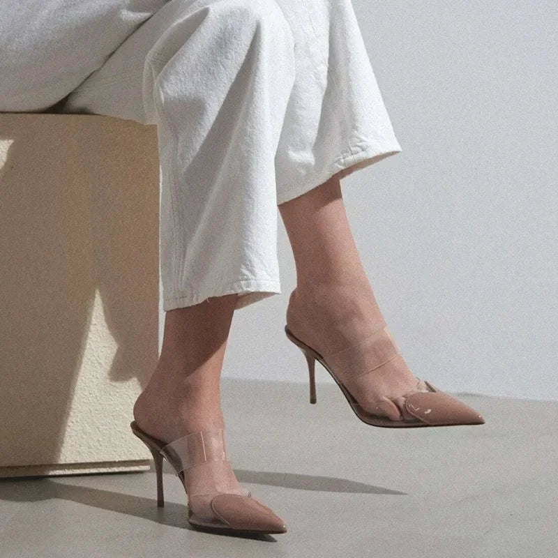 Elegant Pointed Toe Transparent PVC Heart High Heels Mules Slipper Shoes Women 2025 Black White Red Shoes Luxury Designer Pumps