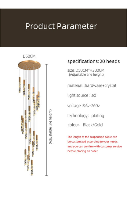 Crystal Staircase Pendant Lamp Modern Gold Lighting Fixture Ceiling Hang Pendant Light Luster Indoor Villa Loft Stair Chandelier