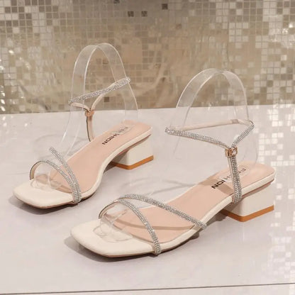 Elegant Square Toe Medium Heel Woman's Sandals Women Summer 2026 Luxury Rhinestore Strap Sandals Plus Size Woman Designer Shoes