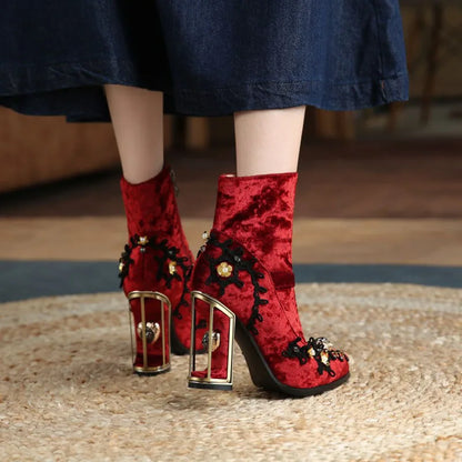 Blue Ladies Party Shoes Velvet Crystal Women's Short Boots For Wedding Plus Size Retro Strange Heels Phoentin FT1671-1