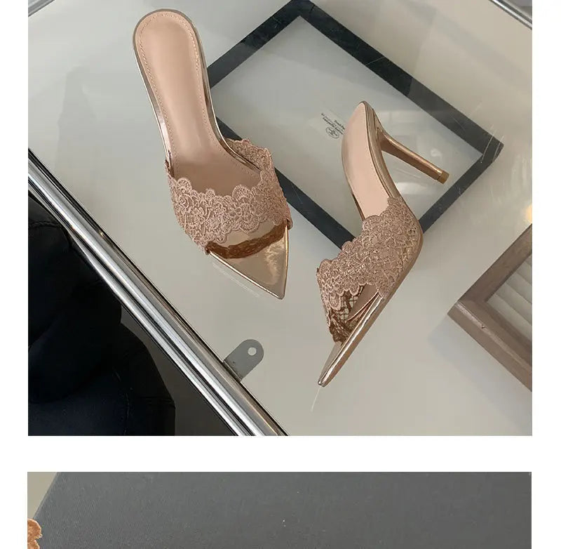 Luxury Lace Crochet Mule Slipper Woman Brand Design Point Toe High Heel Slide Sandal Ladies Elegant Evening Party Stiletto Shoes