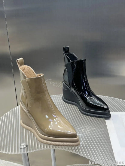 Fashion Height Increasing Wedges Ankle Boots Women Pointed Toe Platform Slip On Solid Leather Boots 2025 Simple Comfortable Boot