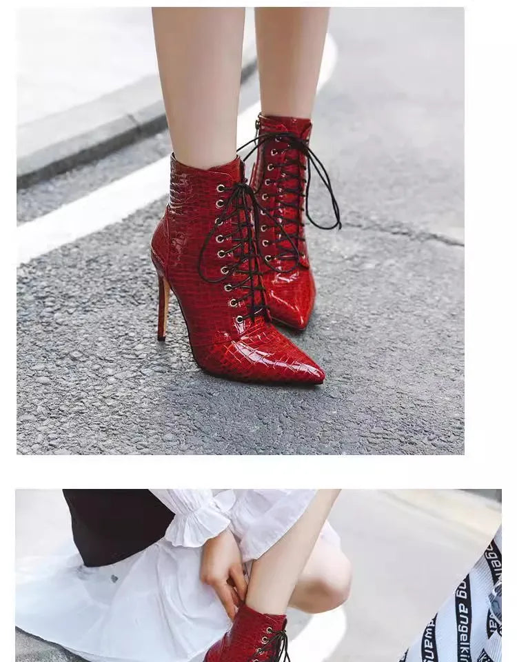 12CM Stiletto Heels Botas Mujer Fashion Pointed Lace-up Ankle Boots Roman Ladies Shoes Autumn Winter Women Emboss Short Booties
