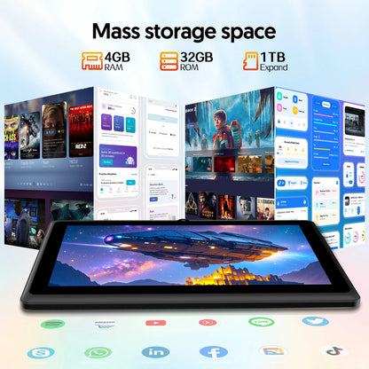 7-inch Android 13 Tablet, 4 (2+2) GB RAM, 32GB storage, 3500mAh battery, HD 1024x600 IPS display, Dual cameras, WiFi, Bluetooth