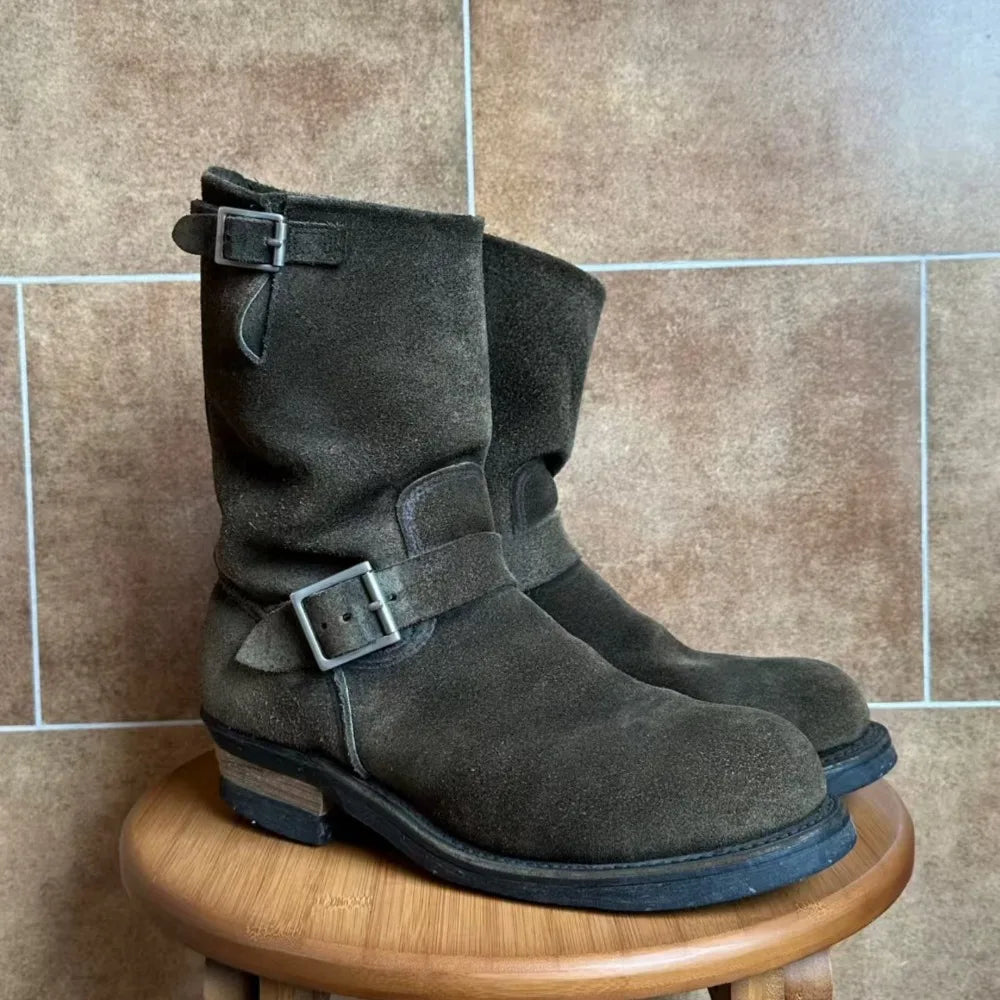 Fashion Men's Genuine Leather Motorcycle Boots Handmade Mid-Calf Metal Buckle Strap Work Shoes Engineer Boots Knight Boots
