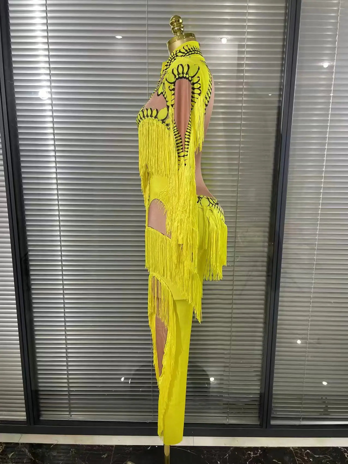 Yellow Tassel Jumpsuit Women Long Sleeve Spandex Skinny Fringe Leotard Sexy Stage Wear DJ Singer Dancer Party Show Costume