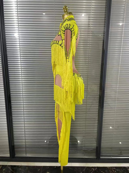 Yellow Tassel Jumpsuit Women Long Sleeve Spandex Skinny Fringe Leotard Sexy Stage Wear DJ Singer Dancer Party Show Costume