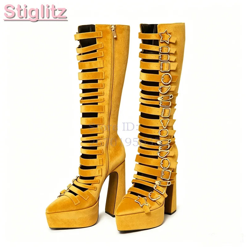 Blue Velvet Irregular Buckle Knee-high Boots Pointed  Toe Side Zipper Chunky High Heels Boots 2026 Summer New Women Punk Shoes