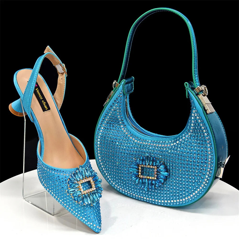 2025 Nigerian Women's Party Shoes and Bags Medium Heel Pointed Toe Elegant Party Footwear With Matching Color Handbag for Women