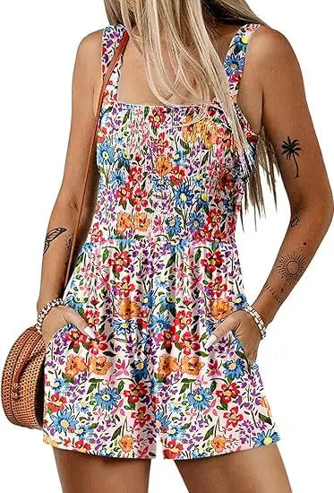 Femmes Print Jumpsuit Fashion Boho Beach Party Jumpsuits Lady Casual Sleeveless Pockets High Waist Shorts Jumpsuits Summer New