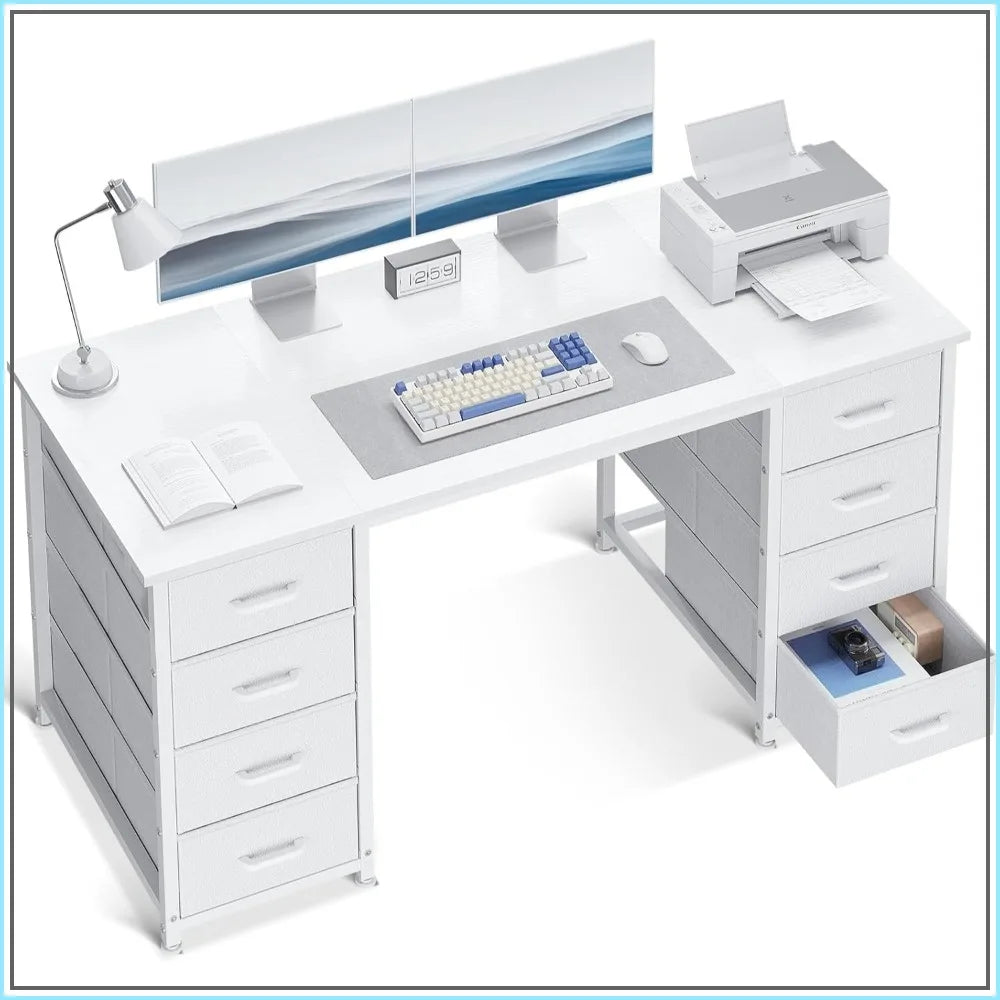 48 Inch White Computer Desk with 8 Fabric Drawers, Modern Office Desk for Home Office Study Gaming