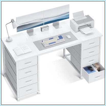 48 Inch White Computer Desk with 8 Fabric Drawers, Modern Office Desk for Home Office Study Gaming