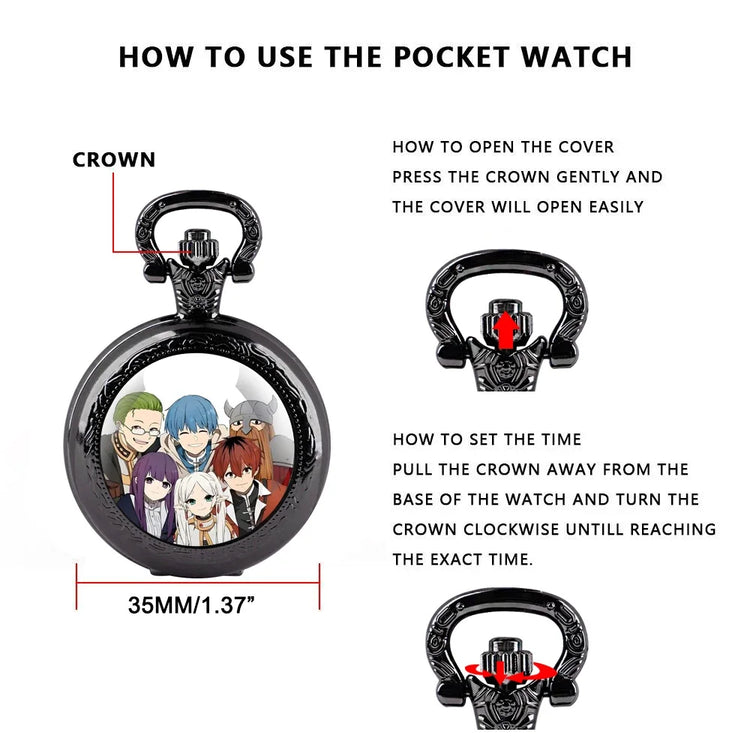 Frieren: Beyond Journey's End Glass Dome Pocket Watch with Chain Woman Pendant Watch Men Necklace Chronograph Gift for Friend