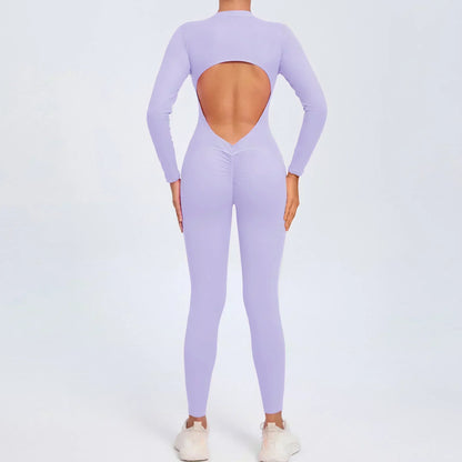 Seamless Yoga Zipper Jumpsuits Sports Fitness Beauty Back Hip-Lifting Long-Sleeved One-Piece Workout Gym Bodysuits for Women