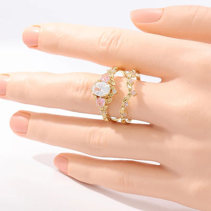 2 Pcs/set Retro Elegant Pink Synthetic Zircon Ring, Ladies' Engagement Proposal Gift, Jewelry