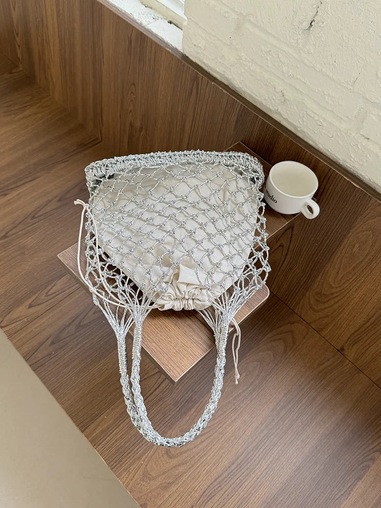 Hylhexyr Ins New Solid Color Gold and Silver Thread Handmade Weaving Bag Bucket Shaped Fashion Handbag Beach Bags