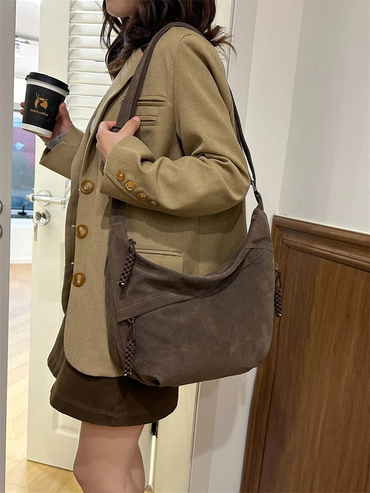 Retro Crossbody Messenger Bags For Women Faux Suede Pure Color Big Capacity Shoulder Hobo Bag 2025 Winter Latest Ladies Handbags