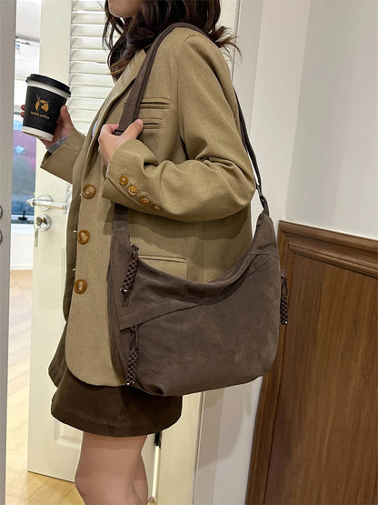 Retro Crossbody Messenger Bags For Women Faux Suede Pure Color Big Capacity Shoulder Hobo Bag 2025 Winter Latest Ladies Handbags