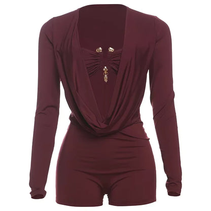 Sisterlinda Swinging Neck Playsuits Women Solid Metal Splice Cleavage Full Sleeve Stretch Sexy Slim Romers Chic Trend Clubwear