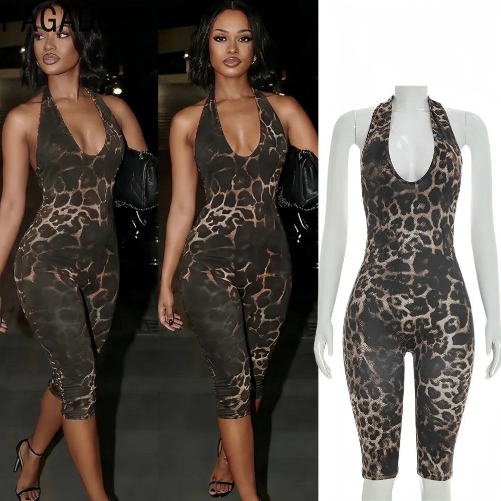 FAGADOER Spring New Sexy Leopard Print Bodycon Jumpsuits Woman Halter Sleeveless Backless Rompers Female Streetwear Overalls