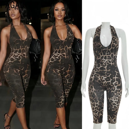 FAGADOER Spring New Sexy Leopard Print Bodycon Jumpsuits Woman Halter Sleeveless Backless Rompers Female Streetwear Overalls