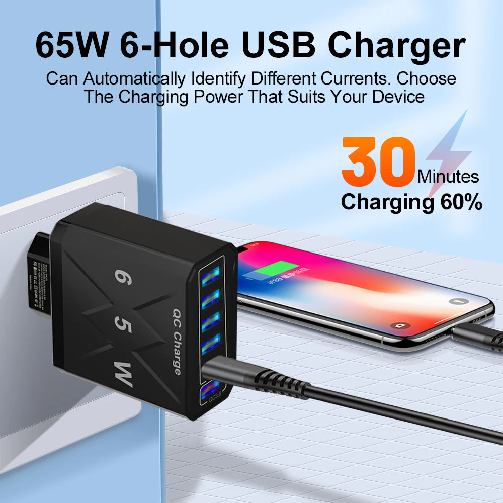 6 Ports USB Charger Fast Charging QC3.0 Travel Charger For iPhone17 16 Samsung Xiaomi Vivo Mobile Phone Adapter EU US UK Plug