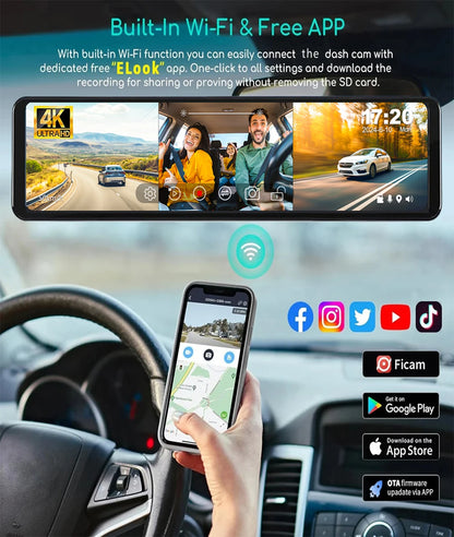 4K Ultra HD Mirror Dash Cam 3 Lens Front and Rear View WiFi Car Camera Streaming Media Display Night Vision Parking Monitor